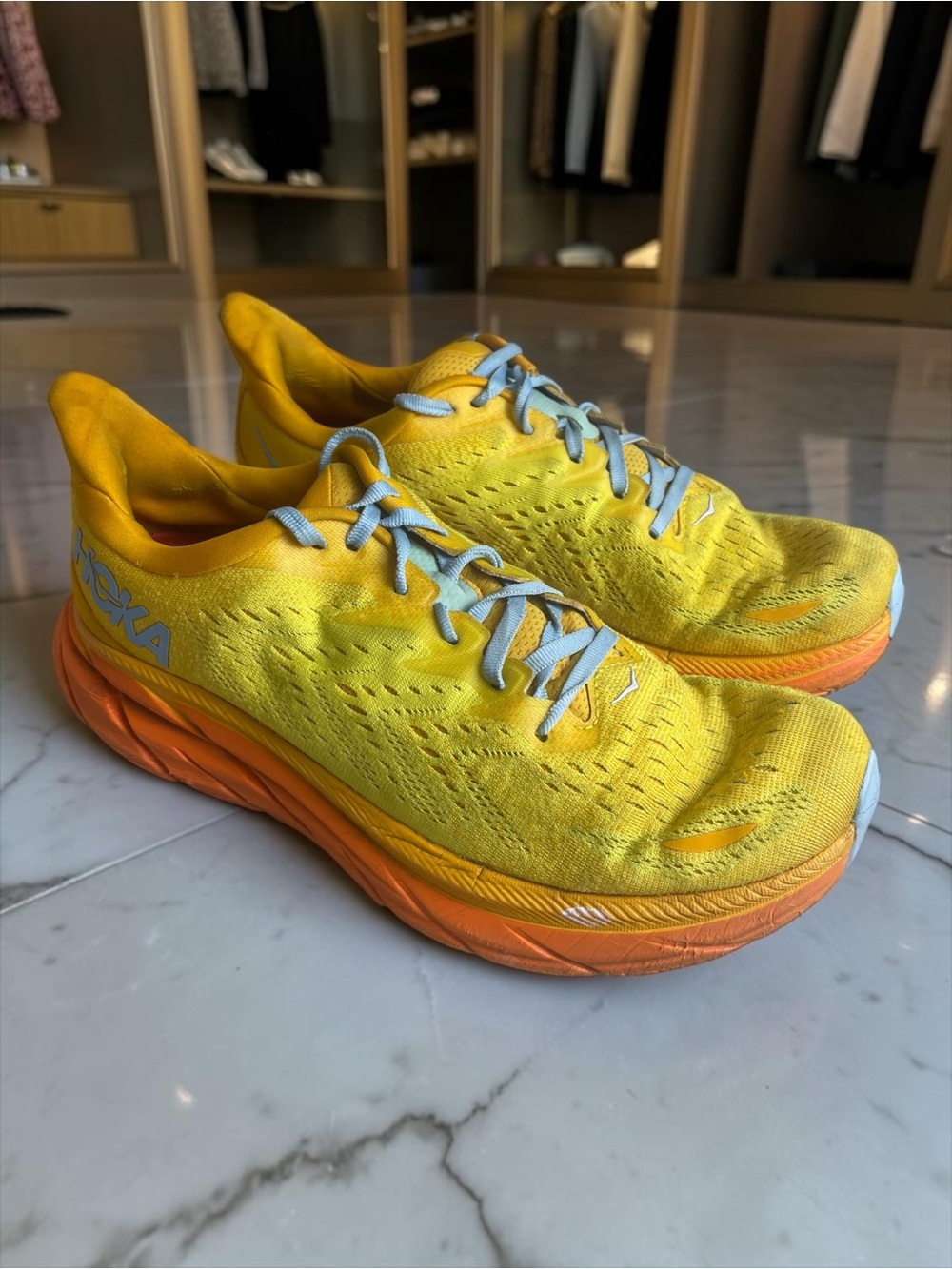 Hoka Clifton 8 Men's Running Shoes Yellow Pear Orange Blue Mesh Size 10D